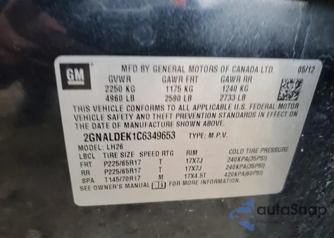 2012 Chevrolet Equinox Lt from USA, damaged, VIN 2GNALDEK1C6349653
